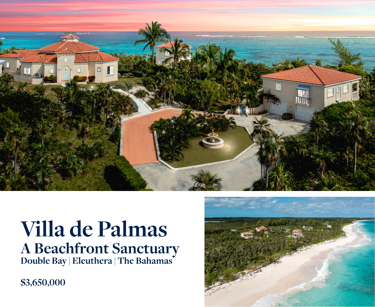 Villa de Palmas, Double Bay Eleuthera — beachfront Bahamas vacation home with pink-sand beach