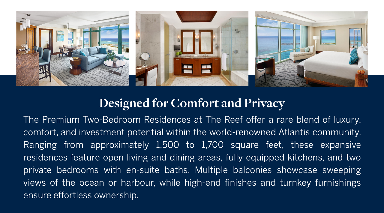 The Reef at Atlantis — interior bedroom with balcony and harbour view